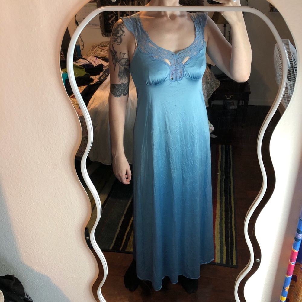 Blue satin nightgown with lace details